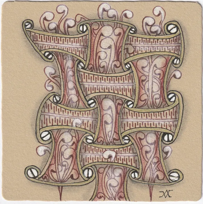 Tan-toned Zentangle tile with woven pattern