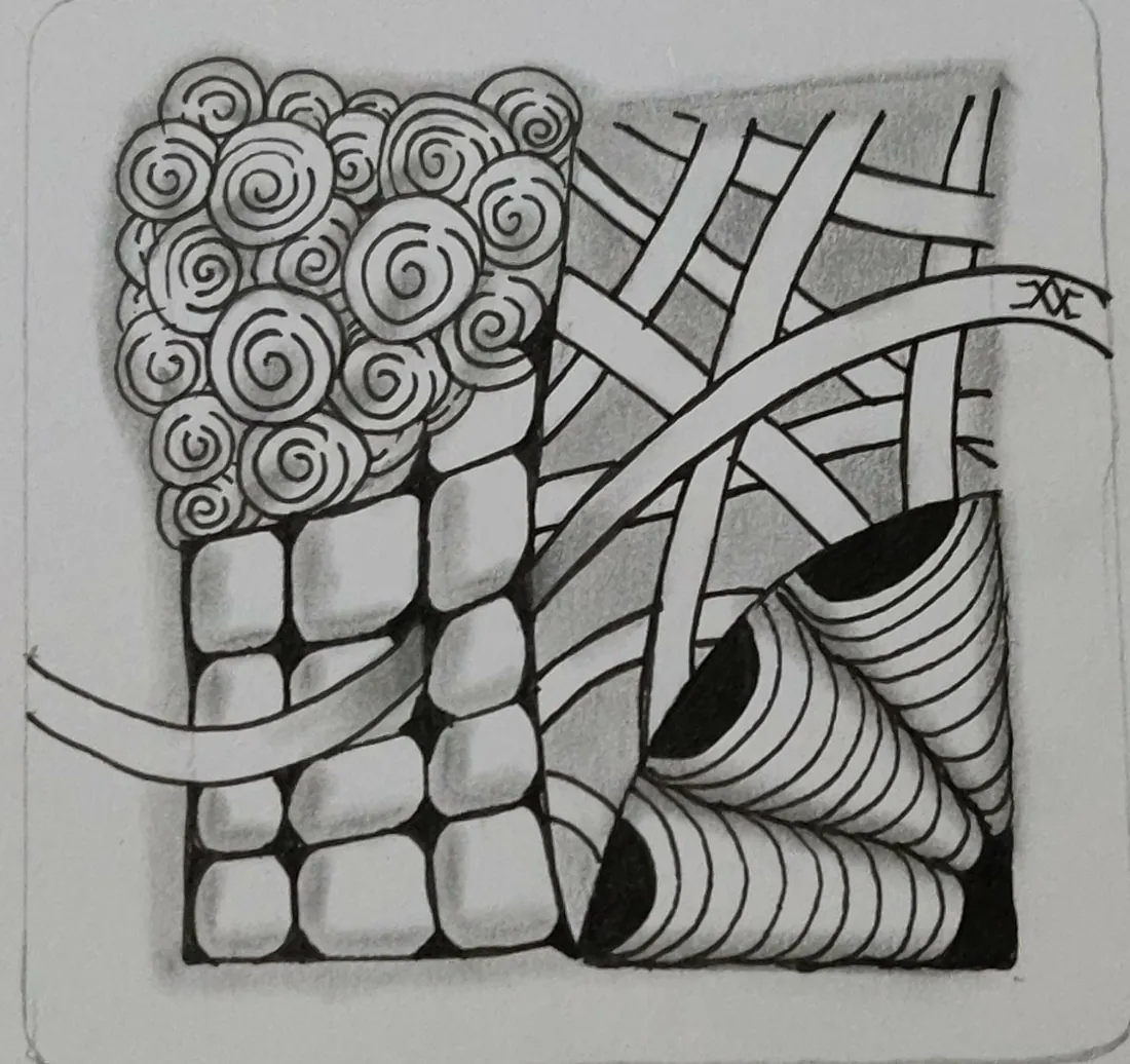 Black and white Zentangle tile with swirls and woven tangles