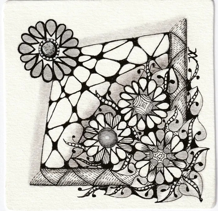 Black and white Zentangle tile featuring OMNU flowers