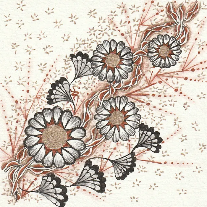 Sepia OMNU flowers scattered across a white tile