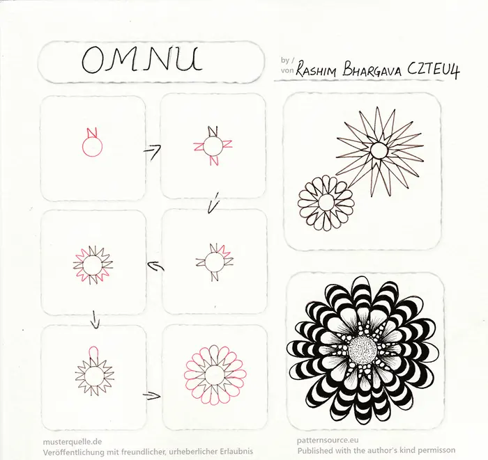 Step-by-step instructions for drawing the OMNU tangle