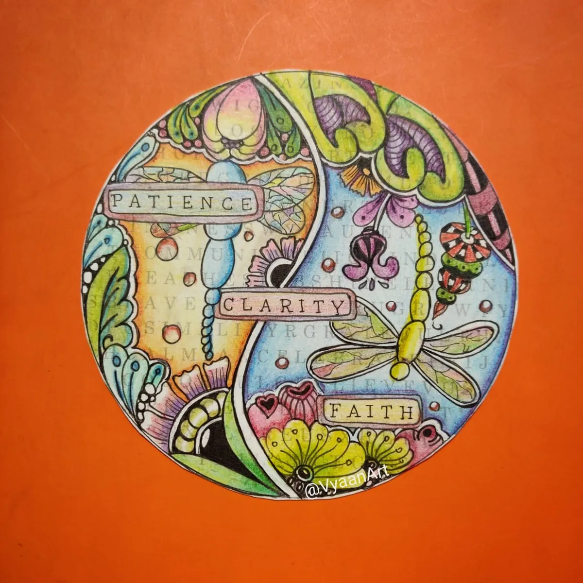 Colourful round Zendala with the words Patience, Clarity and Faith